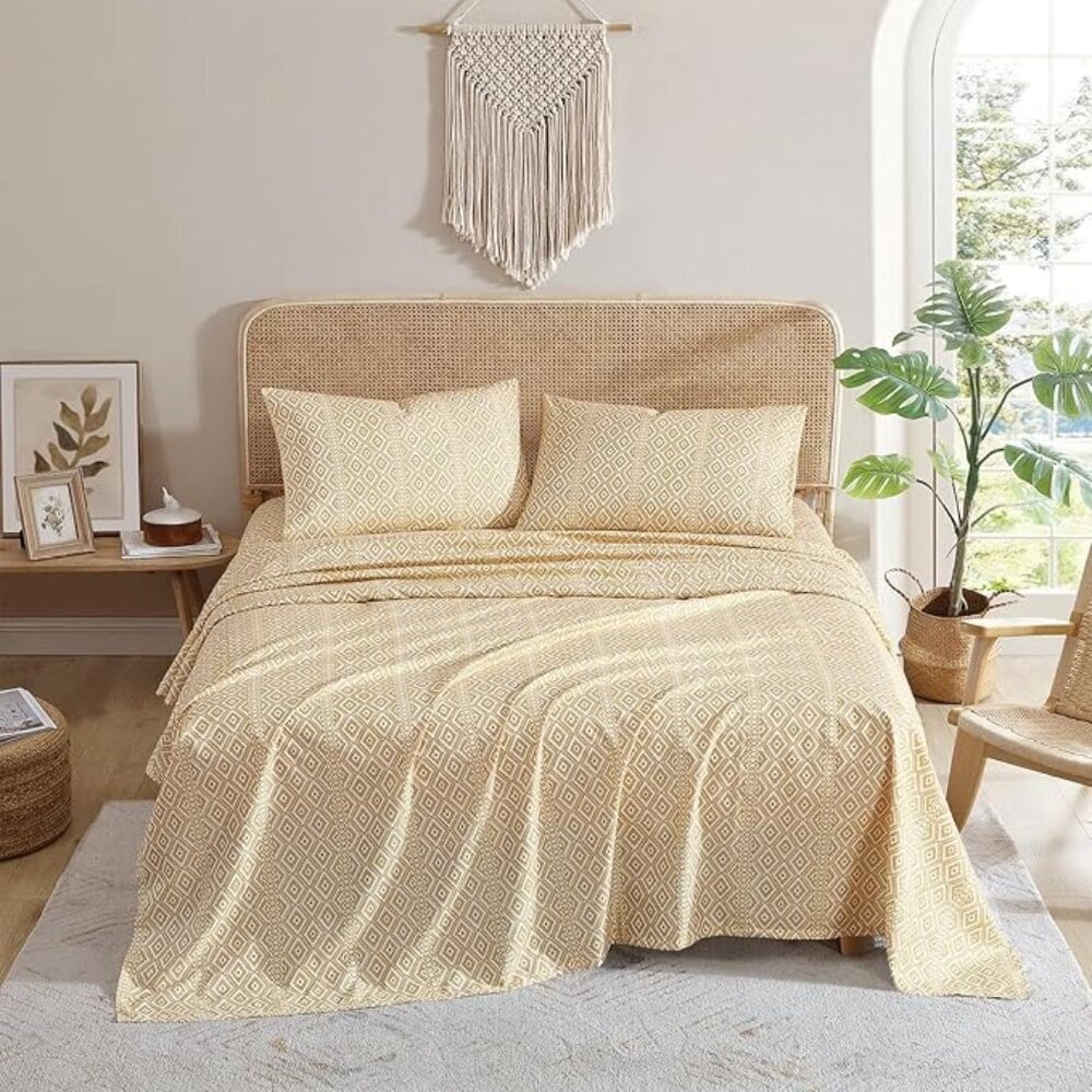🆕King Bed Sheet Cream Medium Weight Matching Pillowcases Soft & Wrinkle Bed Set